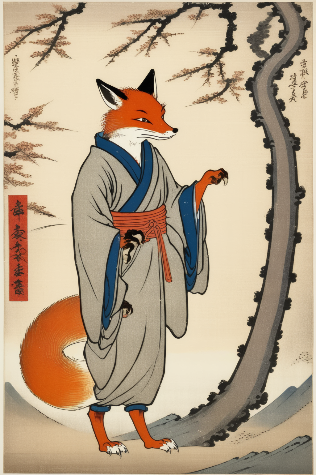 00156-2448661992-_lora_Ohara Koson Style_1_Ohara Koson Style - A fox yokai from Japanese ukiyo-e art, depicted standing on its hind legs. Please.png